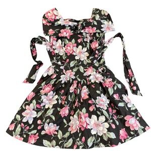 Vintage Byer Too! Floral Bow Rosette Dress Black Pink Size 11 Made in USA 623 T
